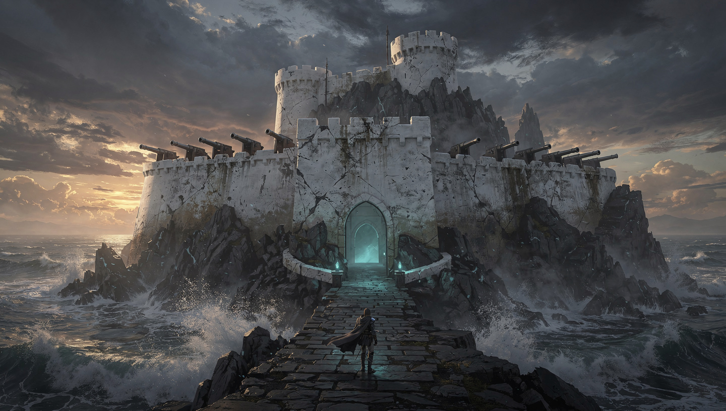Door of Return key art — a coastal fortress with a glowing doorway