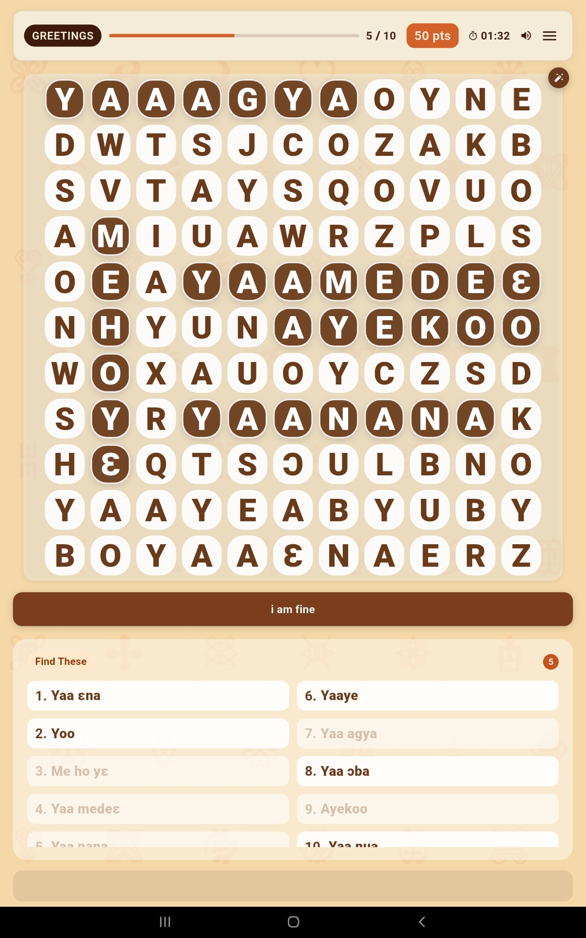 JollofWords gameplay — Twi greetings word search