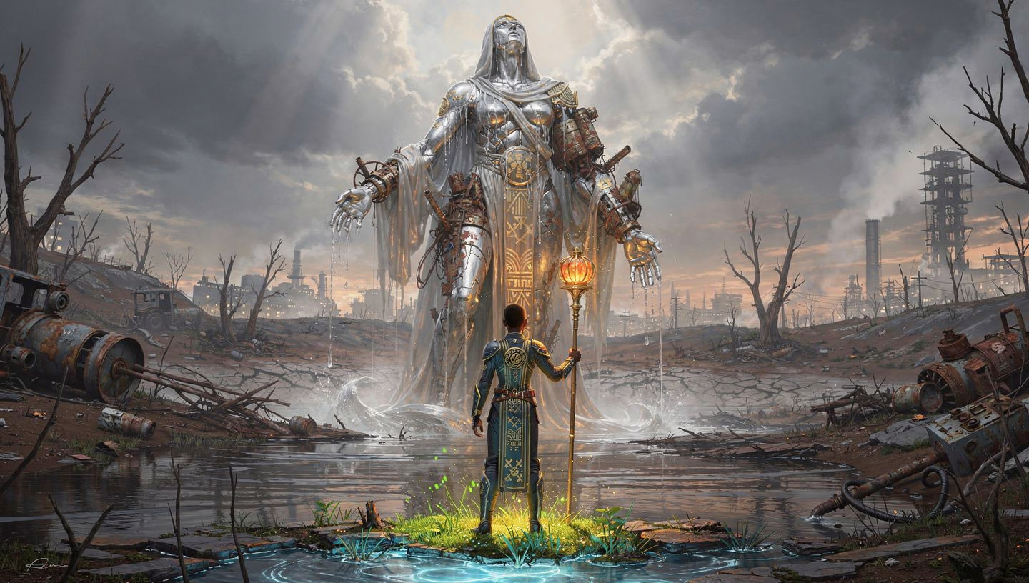 Mercury Gods key art — a towering wounded mercury god looming over a lone river-keeper in a wasteland